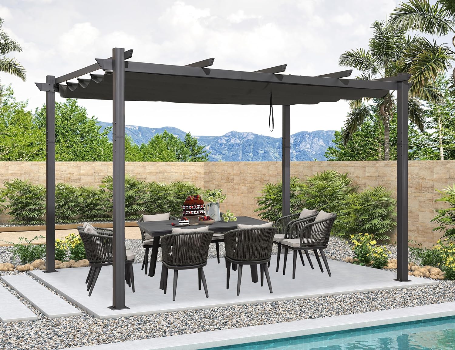 karaca-alisveris - pergola aluminium - 4x3m - toit coulissant, tissu teint