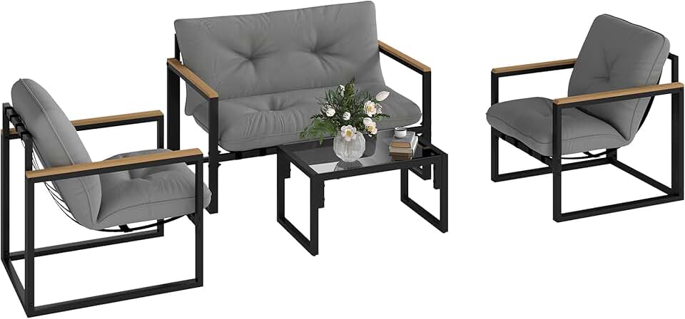 karaca-alisveris - Salon de jardin 4 places - canapé, 2 fauteuils, table en verre, coussins inclus, gris