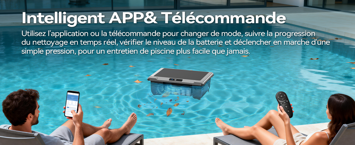 Le texte indique « Application intelligente et télécommande ». Appareil électronique étanche affiché au-dessus de la piscine avec des personnes en arrière-plan, favorisant les fonctionnalités contrôlées par application et à distance.