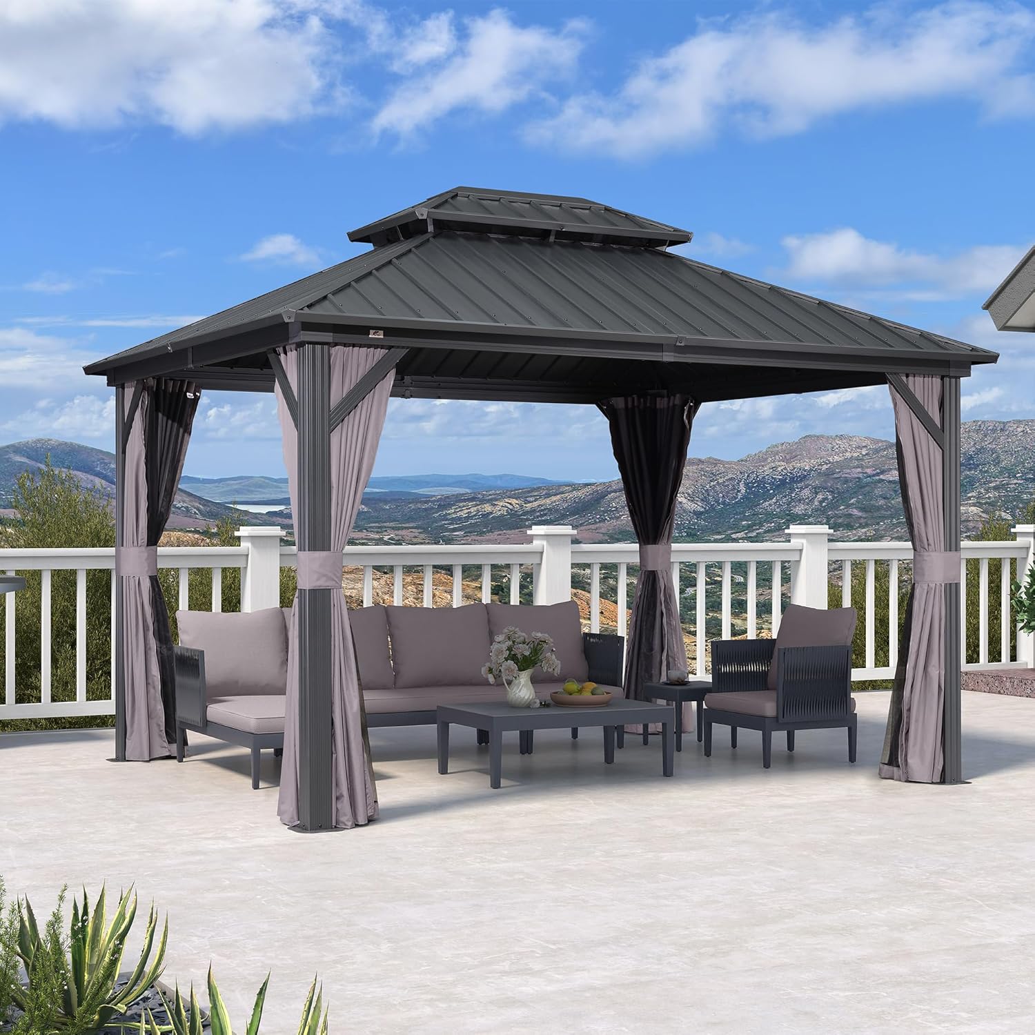 karaca-alisveris - Pergola aluminium double toit 3,65x3m rideaux moustiquaire