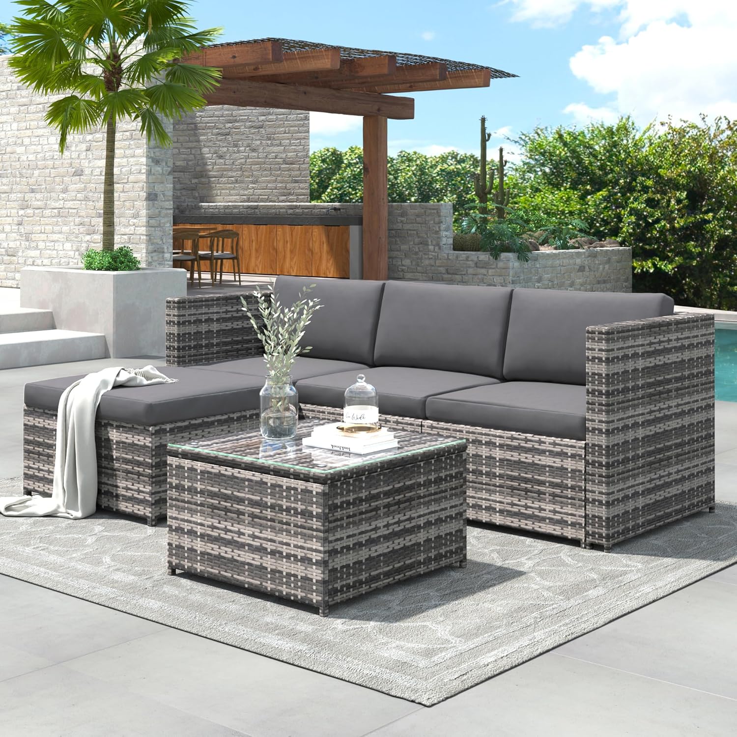 Salon de jardin modulable 4 places, poly rotin, coussins, table verre