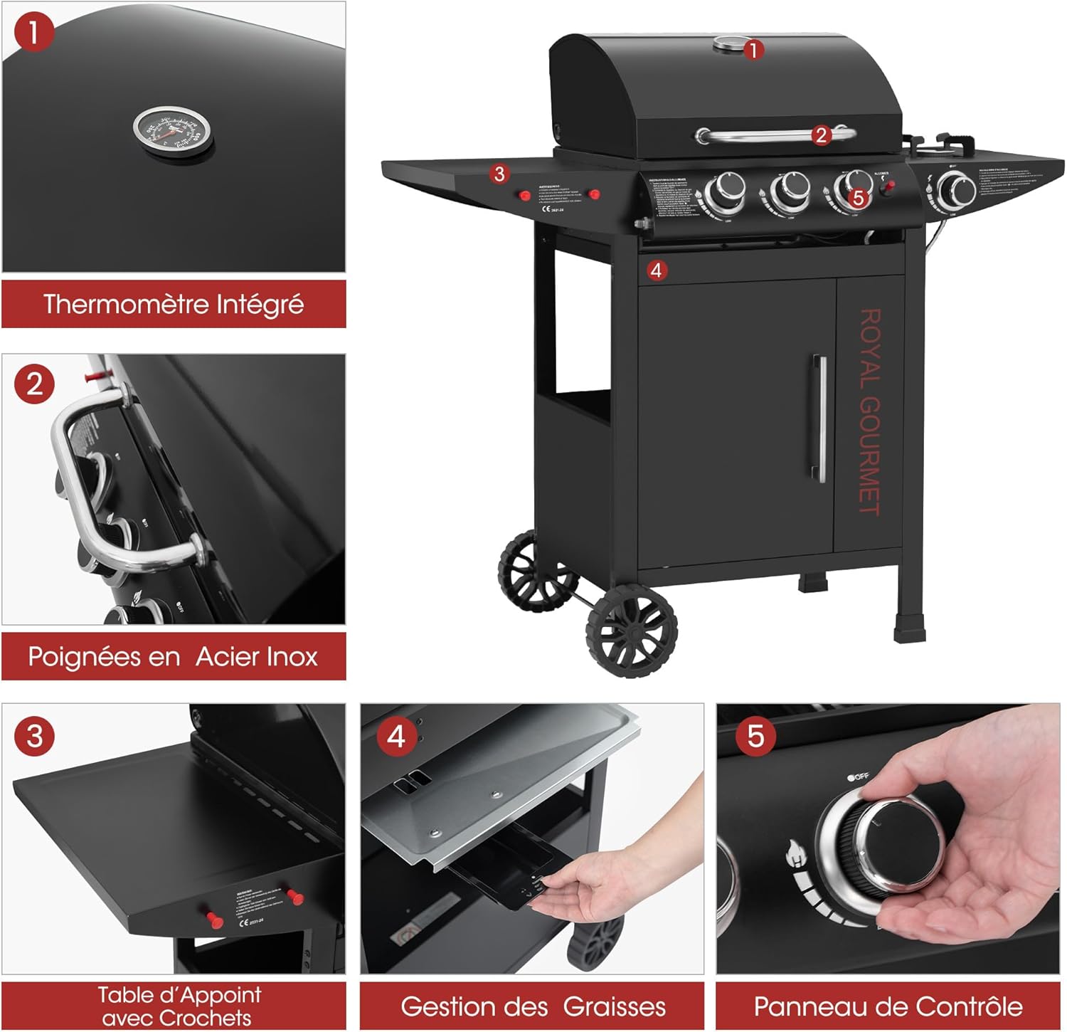 karaca-alisveris - barbecue gaz 3+1 brûleurs inox - 11,5 kW - chariot, 2 roues, thermomètre