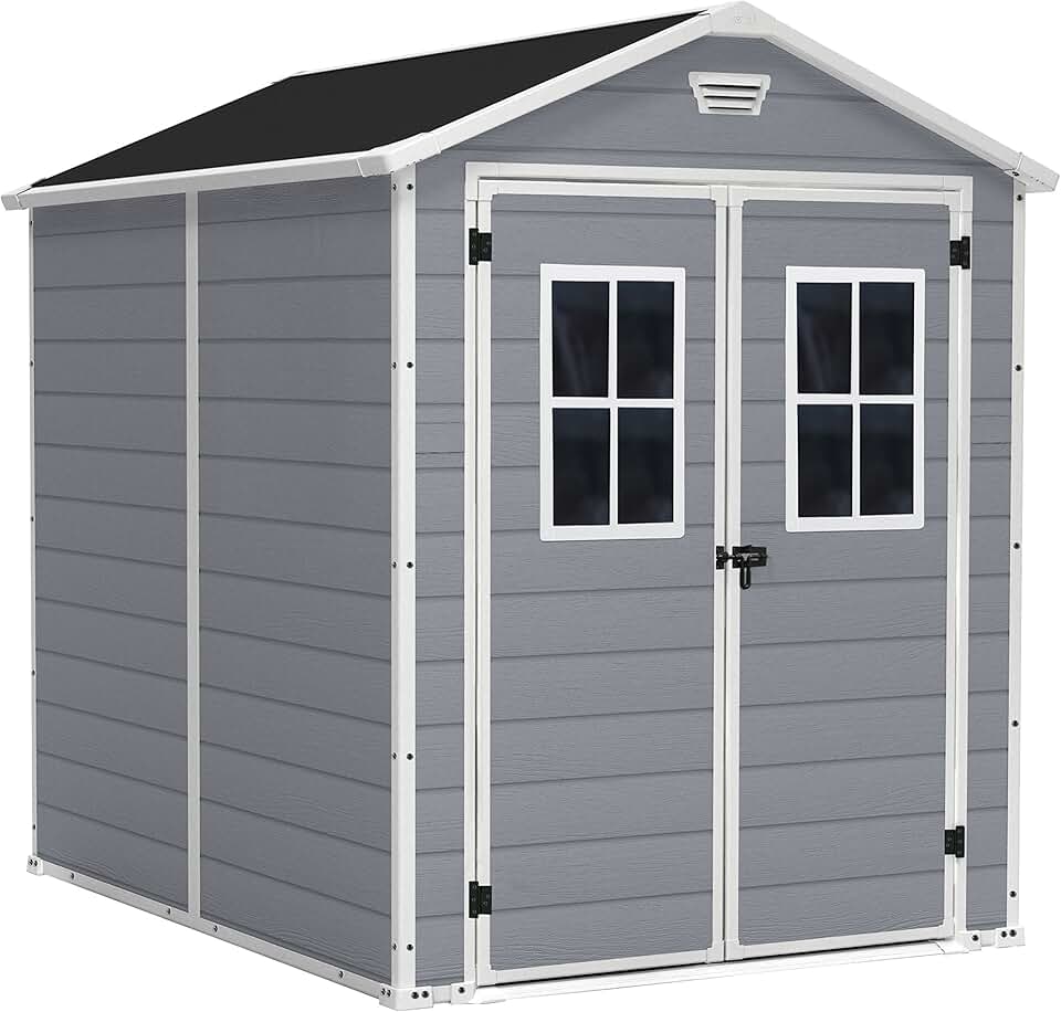 karaca-alisveris - abri de jardin Premium - 186x237x227 cm, résine gris, double porte, fenêtres - 12-929579