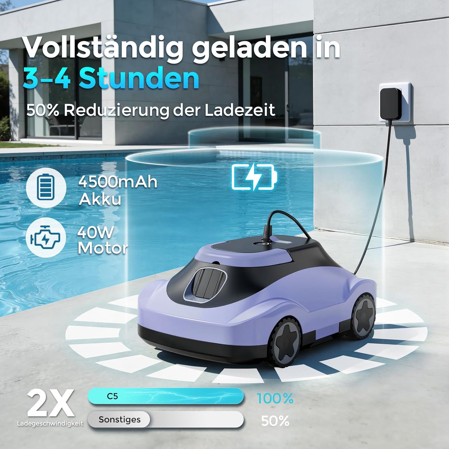 Robot Piscine sans Fil - 180min autonomie, aspiration puissante, filtration fine, pour piscine jusqu'à 200m²