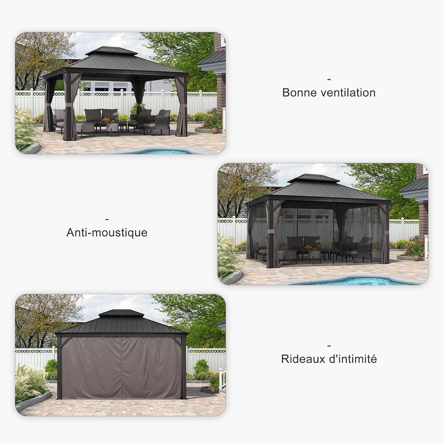 karaca-alisveris - tonnelle aluminium - 4,25x3,65m - éclairage intégré, rideaux moustiquaires, gouttière, poteaux renforcés