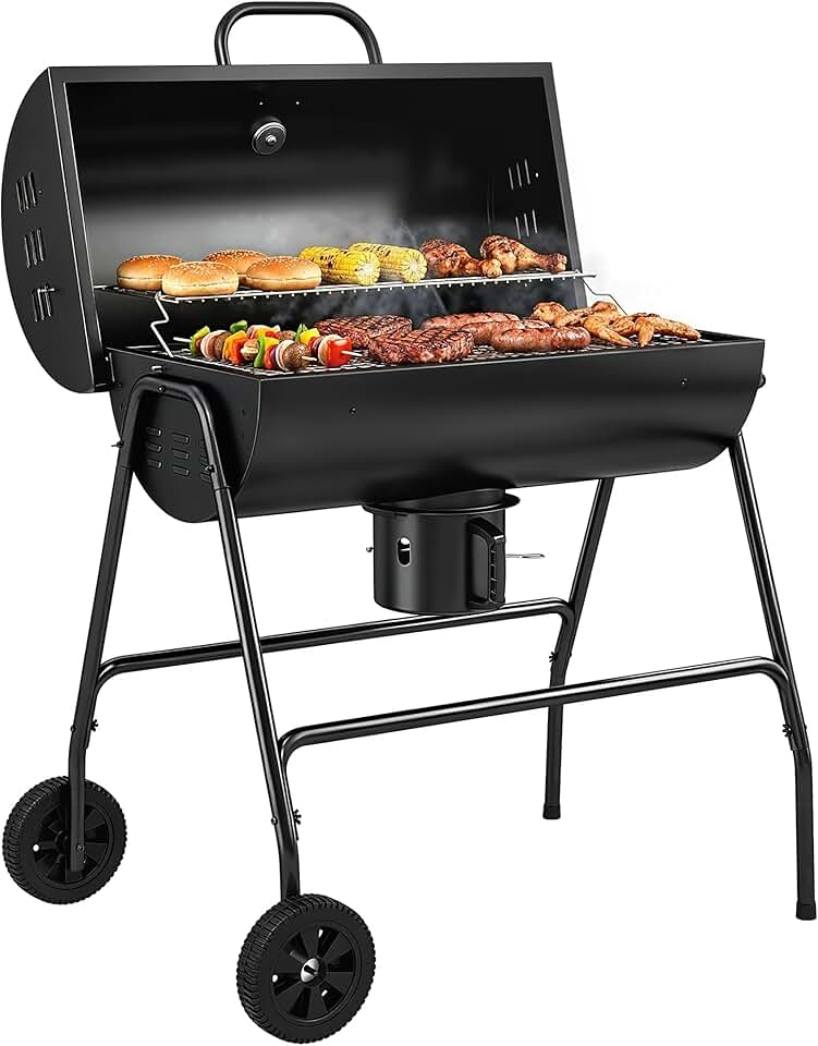 karaca-alisveris - barbecue charbon de bois, 95x71,5x102cm, couvercle, thermomètre, roues
