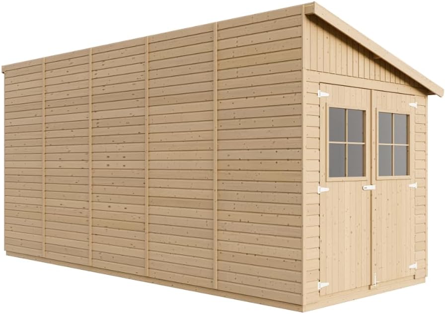 Abri de Jardin en Bois Naturel (avec paroi latérale) Plus Les PLANCHERS IMPRÉGNÉ- Stockage extérieur avec fenêtres- H244x218x514 cm/10 m2- Atelier Rangement Outils et vélos- karaca-alisveris M341A+M341G