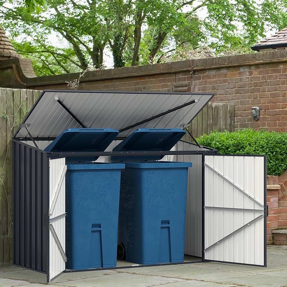 karaca-alisveris Abri de Jardin en Métal Galvanisé 1,9 M³, Cabane de Jardin Exterieur avec Double Porte Verrouillable, Couvercle Rabattable, Vérin à Gaz Hydraulique, Cache Poubelle pour Vélo, Outils