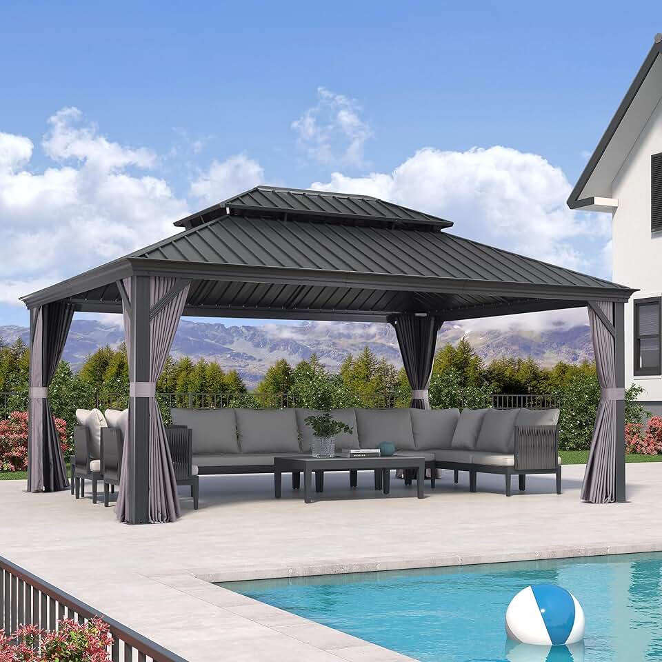 Pergolat double toit 5,2x4m rideaux moustiquaire acier