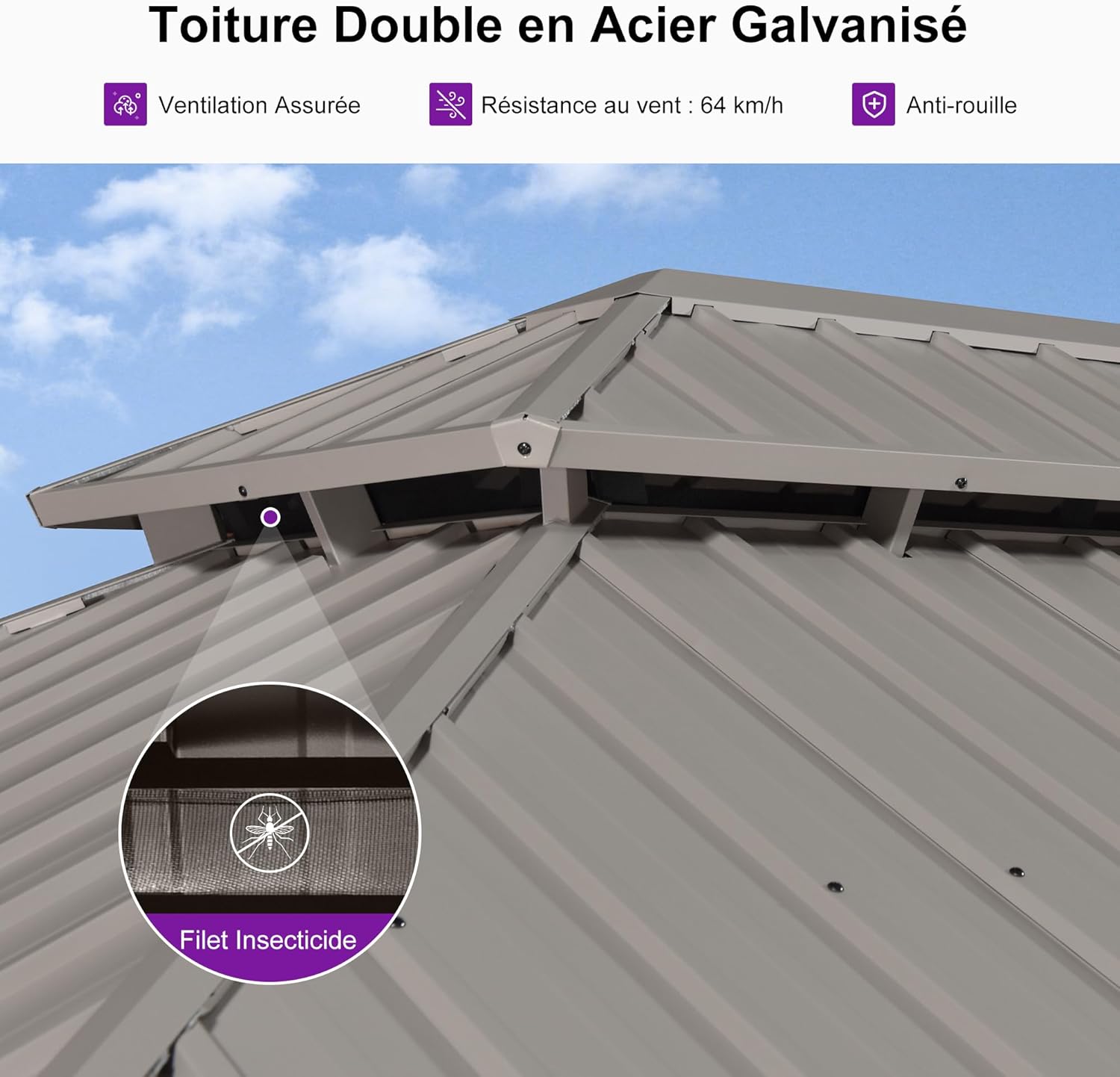 karaca-alisveris - pergola aluminium - 3,65x3m - double toit, moustiquaire, rideaux