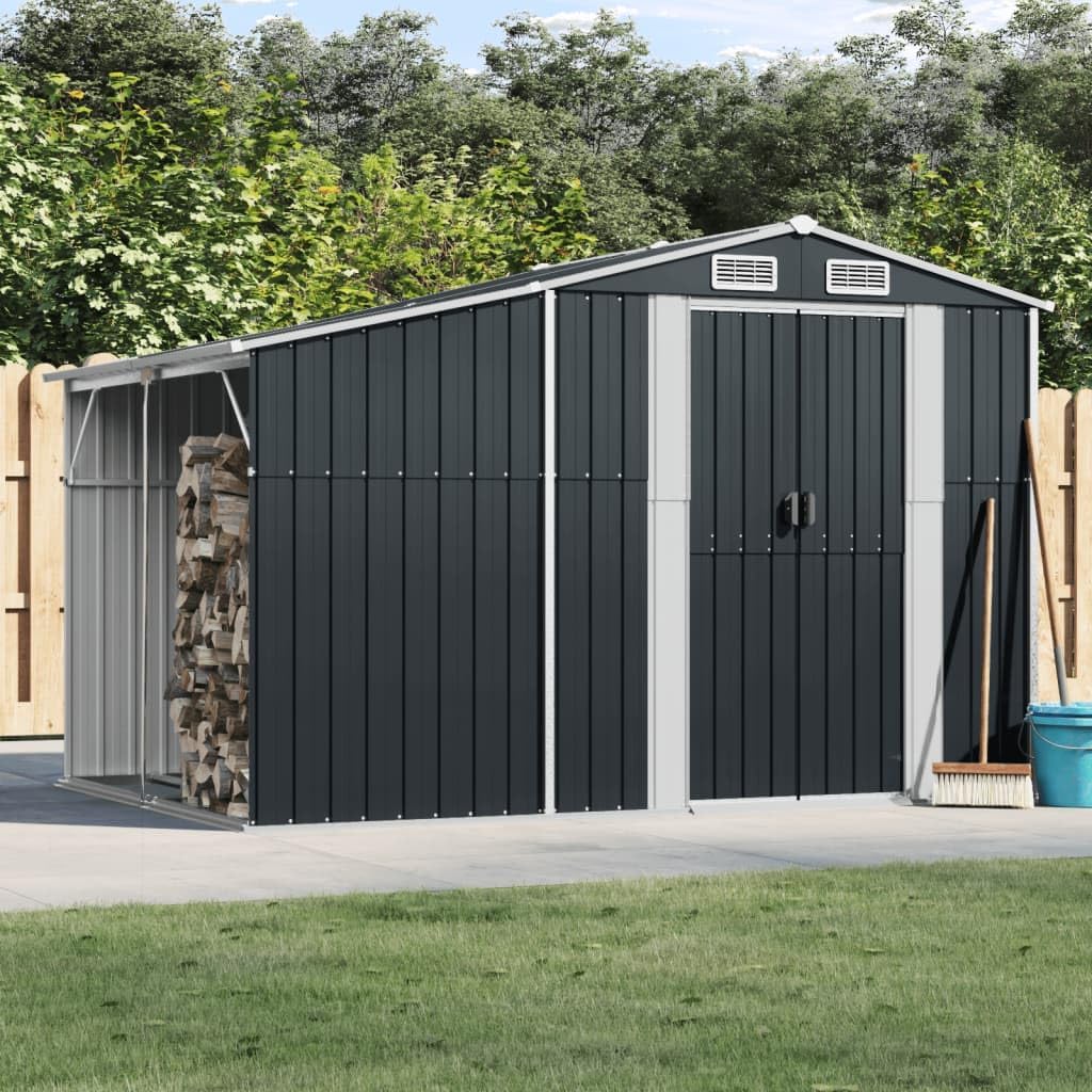 Abri de jardin - acier galvanisé 277x192,5x179 cm, rangement bois et aération, toit incliné