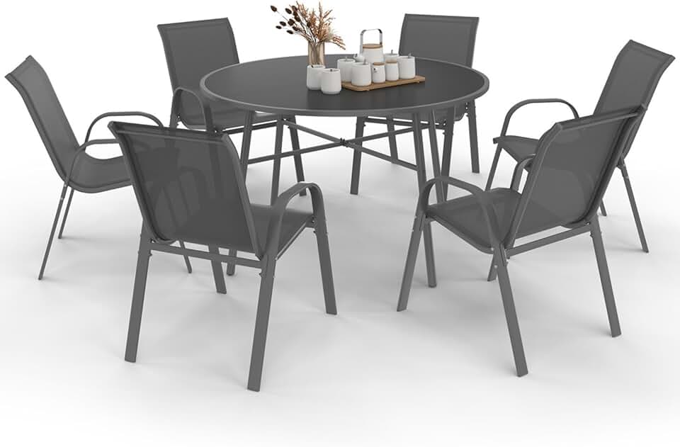 karaca-alisveris - Salon Madrid - table ronde 120cm, 6 chaises empilables, gris anthracite