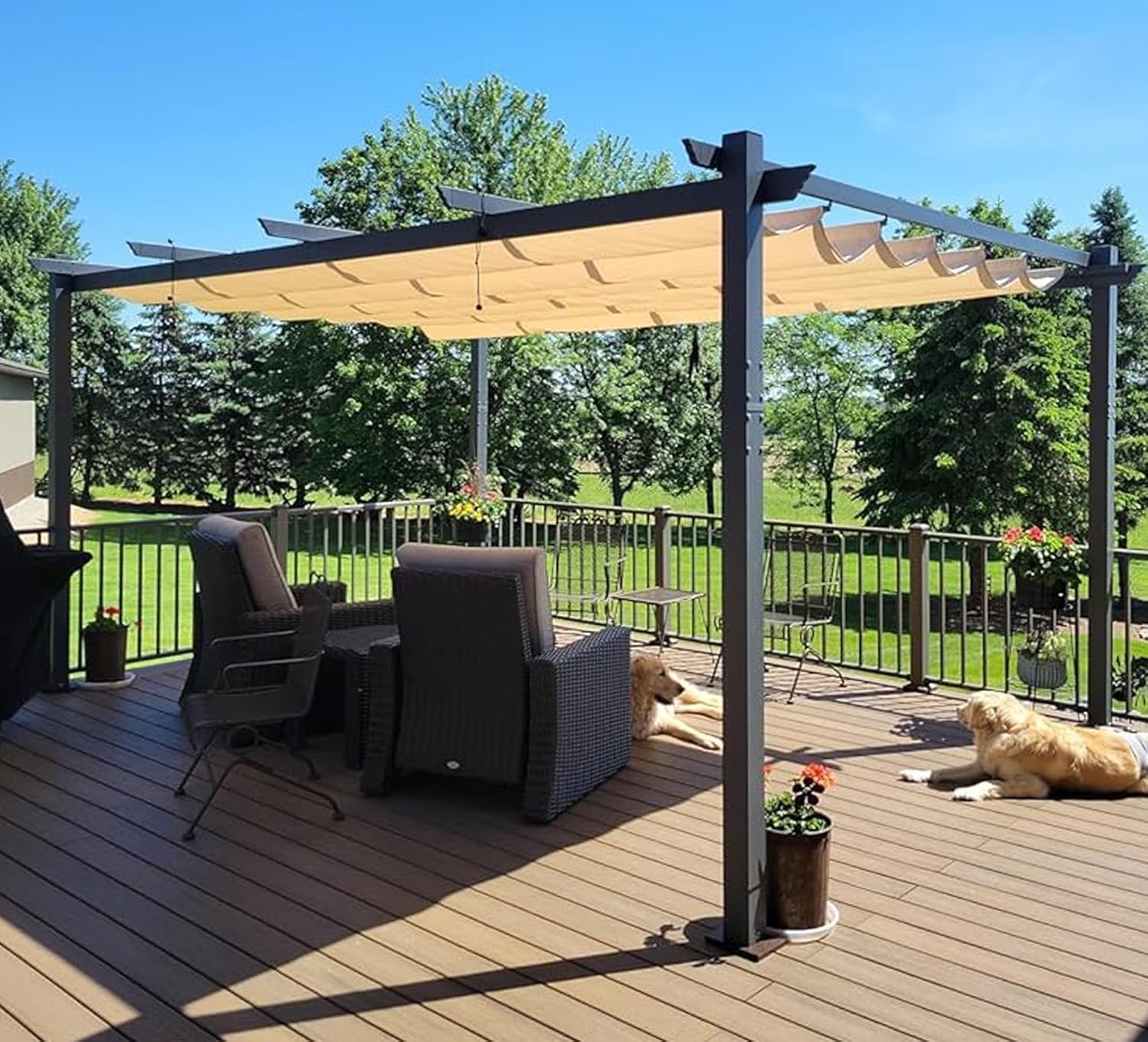 karaca-alisveris - Pergola aluminium série - 4,8x3,5m - toit coulissant, tissu teint fil, kaki