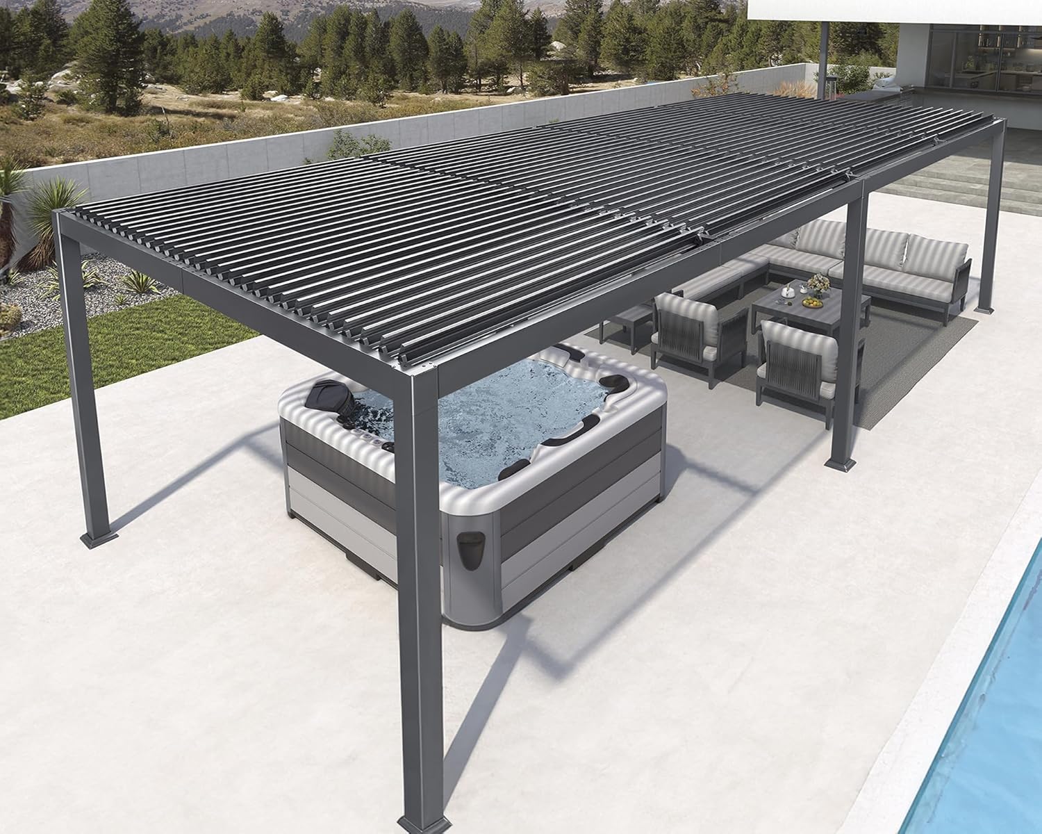 karaca-alisveris - Pergola bioclimatique série - 3,5x8,5m - aluminium, lames orientables, jardin, terrasse, gris