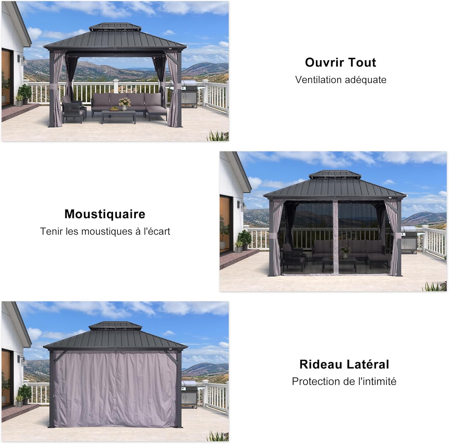 karaca-alisveris - Pergola aluminium double toit 3,65x3m rideaux moustiquaire