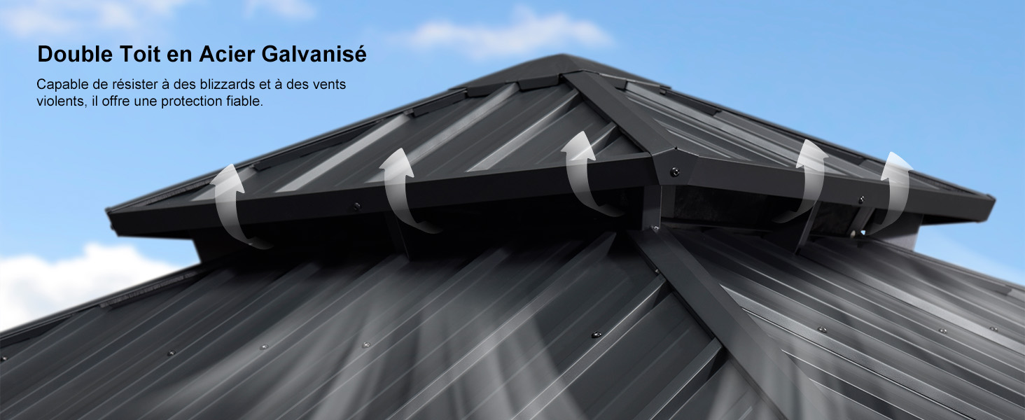 Évent de toit en acier galvanisé avec plusieurs arêtes et un sommet pointu. De couleur gris foncé ou noir, conçu pour la ventilation des toits métalliques.