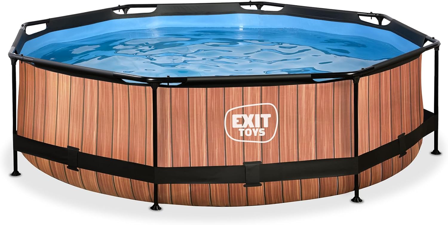 karaca-alisveris Piscine Tubulaire Wood - ø300x76cm - Piscine Hors Sol Ronde avec Pompe Filtrante à Cartouche - Entrée Basse - Idéal pour Les Jeunes Enfants - Cadre Stable - Design Unique - Marron