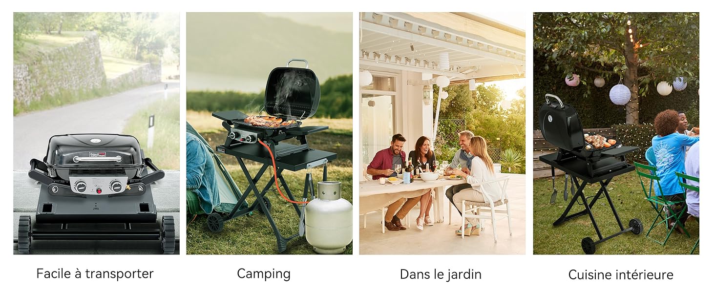 Collage de grils portatifs utilisés : sur le coffre d'une voiture, au camping avec un réservoir de propane, sur une table de patio avec des convives et dans la cour avec une personne qui cuisine. Le gril est présenté dans divers environnements extérieurs.