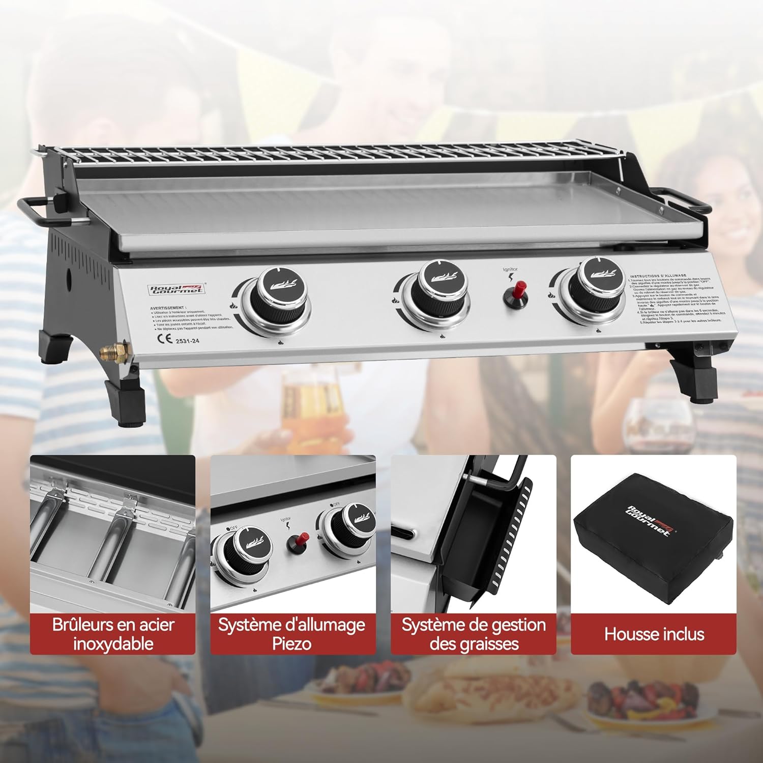 karaca-alisveris - Plancha gaz inox 3 brûleurs 61,5x32cm, 7,5kW, usage extérieur
