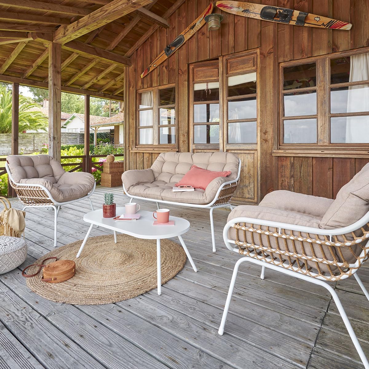 karaca-alisveris - Paopao Salon de Jardin - 4 places - acier epoxy, pieds ajustables - Blanc et Beige