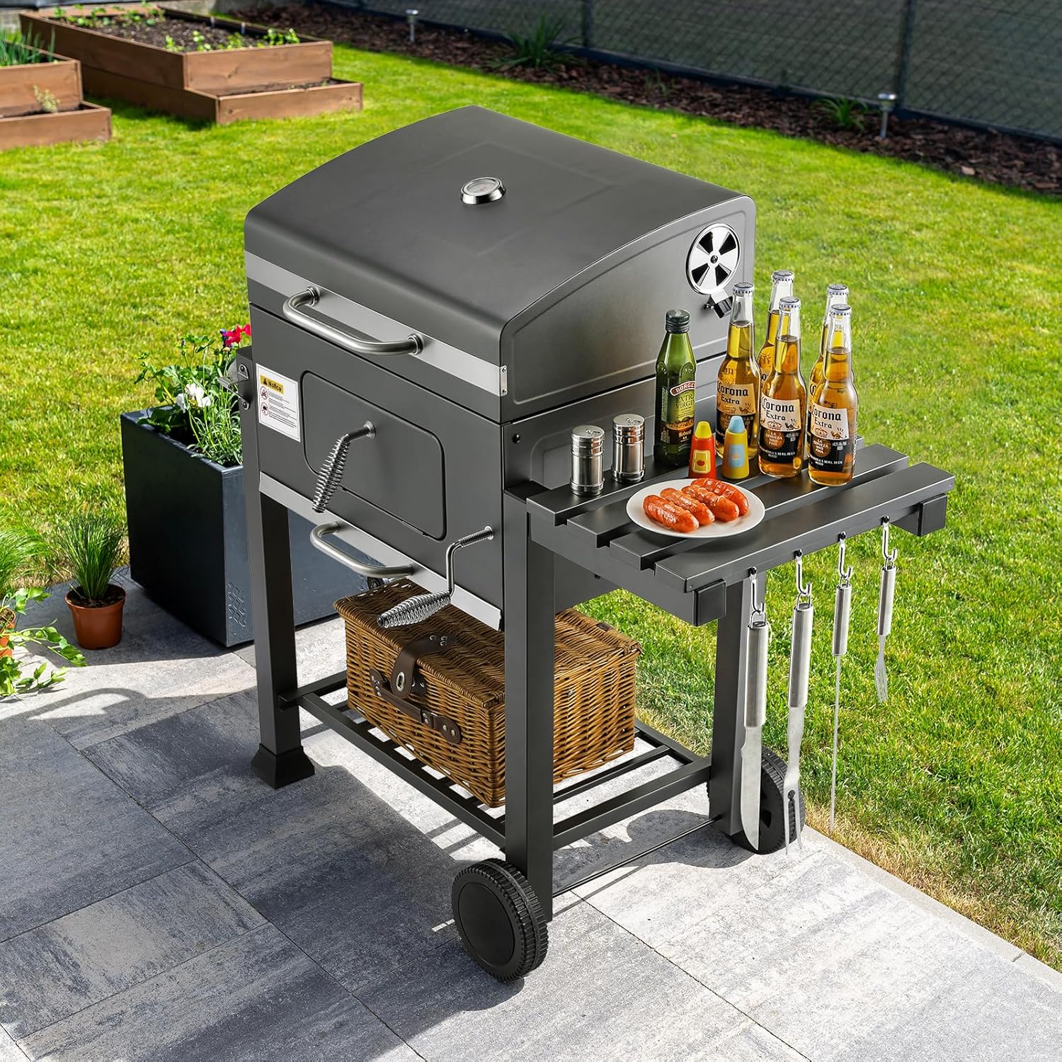 Barbecue charbon XL - chariot avec couvercle - hauteur réglable - roues, thermomètre, grande surface