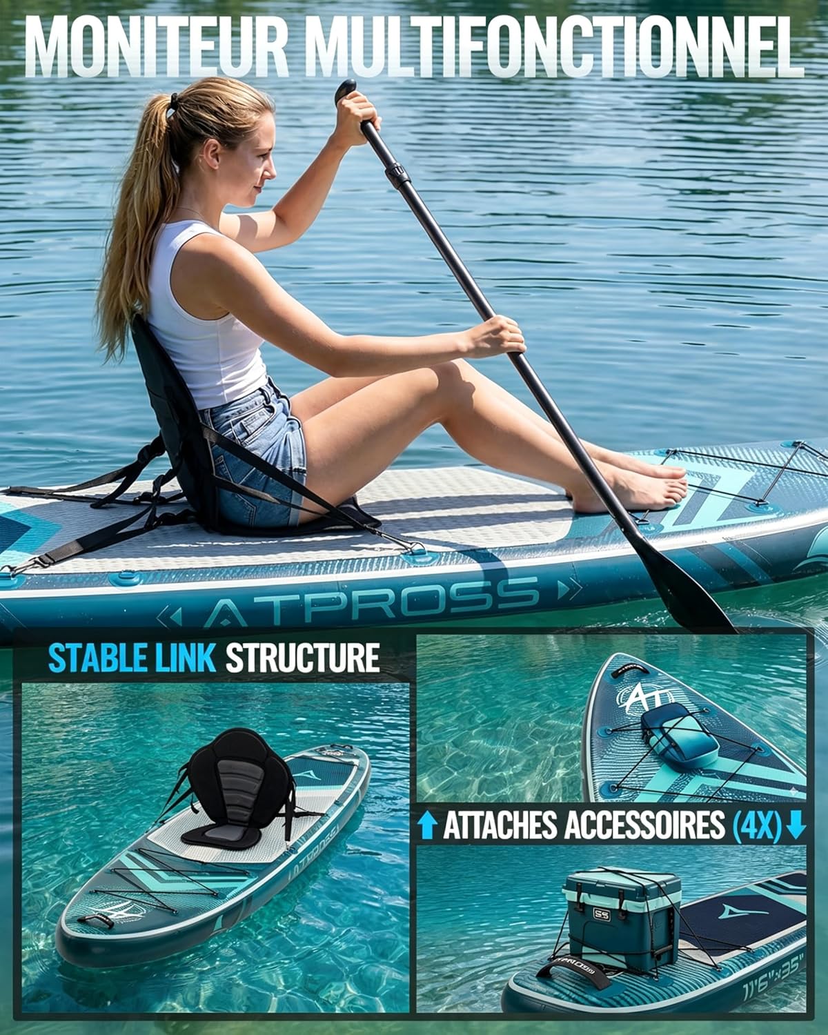 Planche à pagaie gonflable - extra large 350x89x15cm, 200kg, kit accessoires