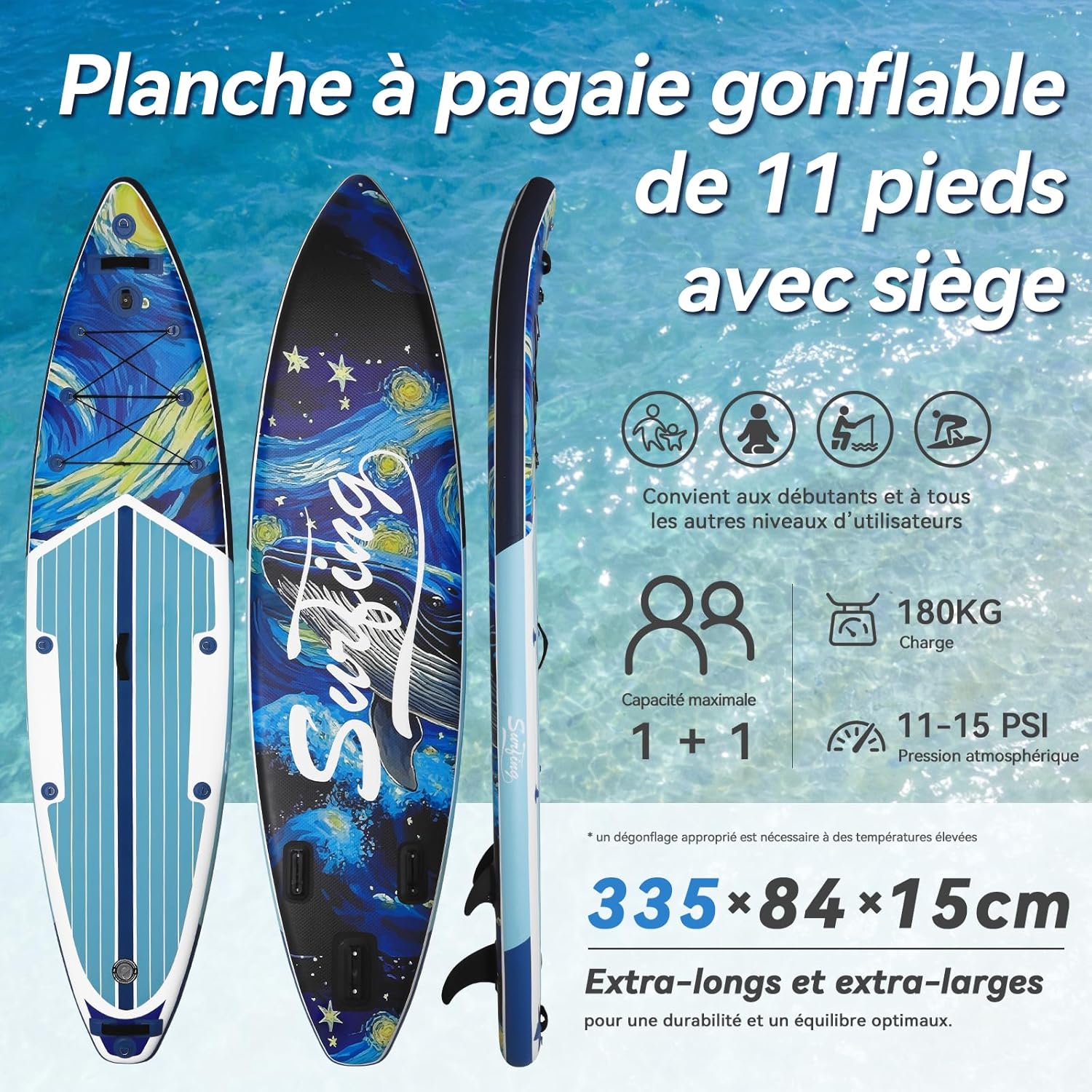 karaca-alisveris - Paddle gonflable adulte 320/335cm - 2 personnes, siège kayak, pagaie, support caméra, 150kg