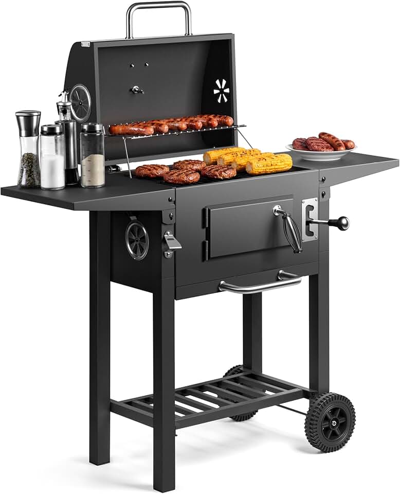 karaca-alisveris - Barbecue charbon portable - hauteur réglable, grilles, roulettes, tables latérales, étagère - 78x40x90 cm