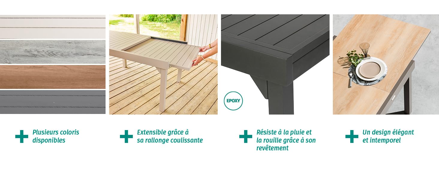 Image composite présentant les caractéristiques du mobilier d'extérieur : échantillons de couleurs, matériaux résistants aux intempéries, conception durable des lamelles et esthétique moderne et élégante