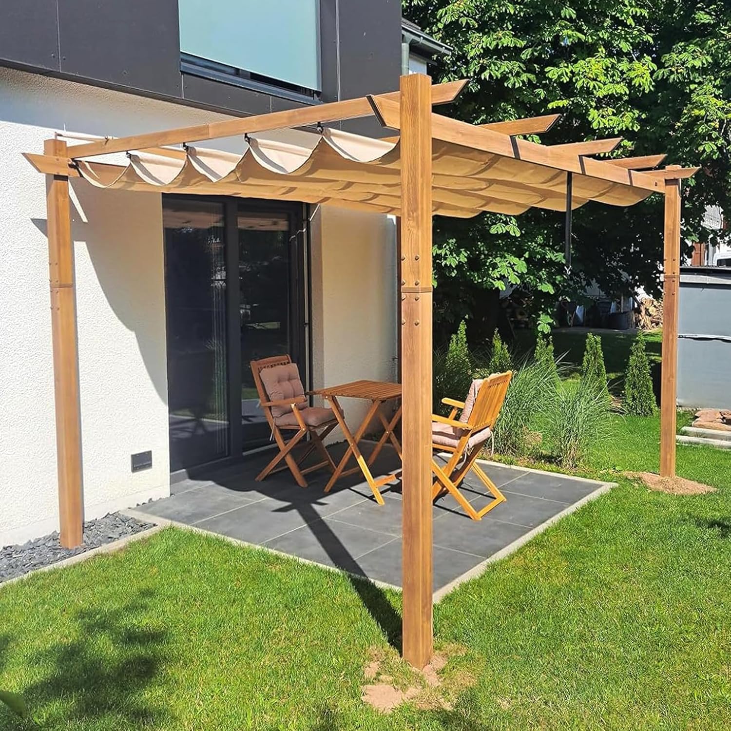 karaca-alisveris - pergola aluminium 4x3m teck, toile rétractable, kaki