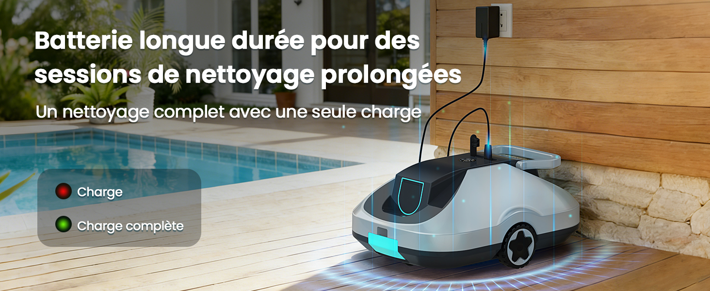 Le texte se lit comme suit : « Batterie longue durée pour des sessions de nettoyage prolongées » et « Un nettoyage complet avec une seule charge ». Aspirateur robot illustré en train de charger et de fonctionner au sol.