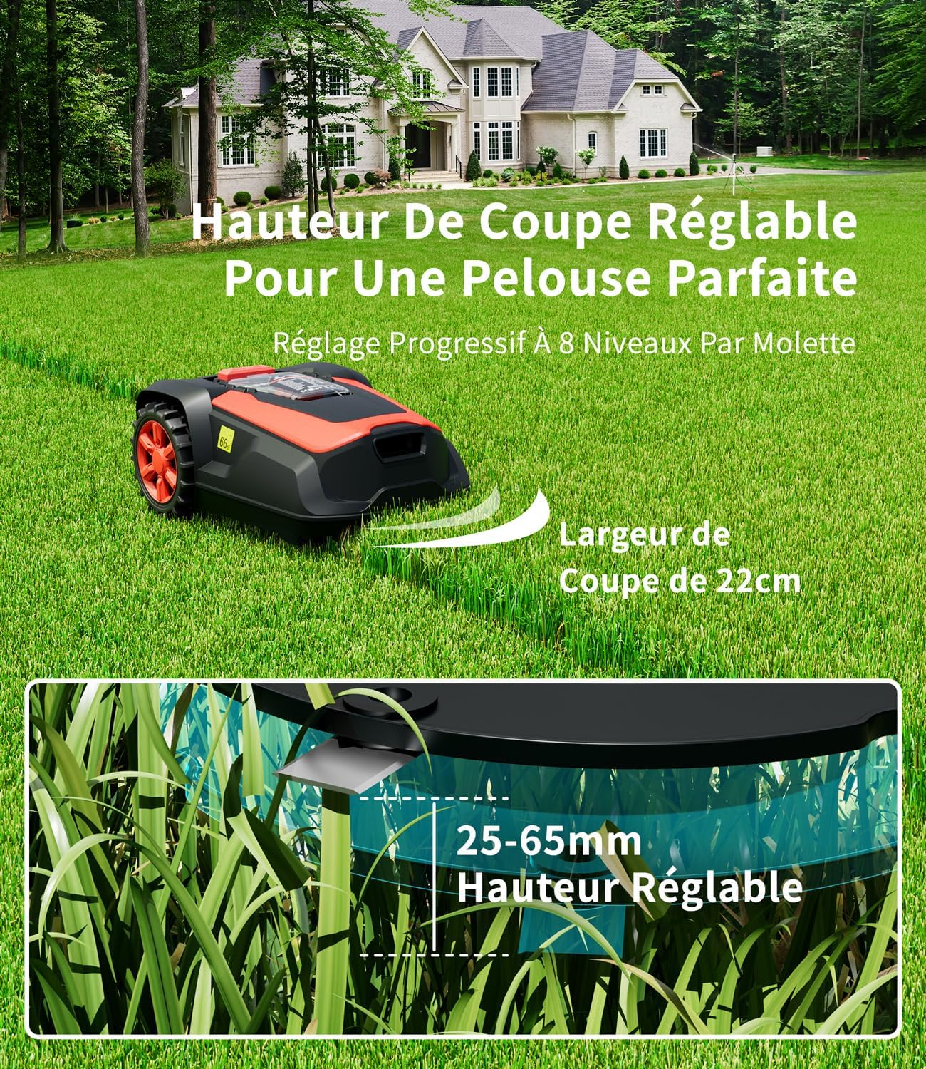 Robot Tondeuse - 1400m², pente 47%, coupe 25-65mm, app, pluie