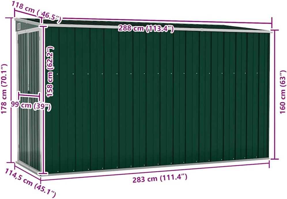 karaca-alisveris Abri de Jardin Mural Vert 118x288x178 cm Acier galvanisé,Structures extérieures, Cabanes & abris de Jardin,316225