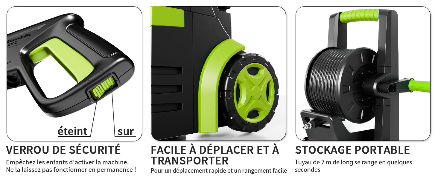Série de schémas techniques montrant les composants d'un appareil électronique portable vert et noir sous différents angles, avec des étiquettes en français indiquant les instructions de sécurité et d'utilisation.